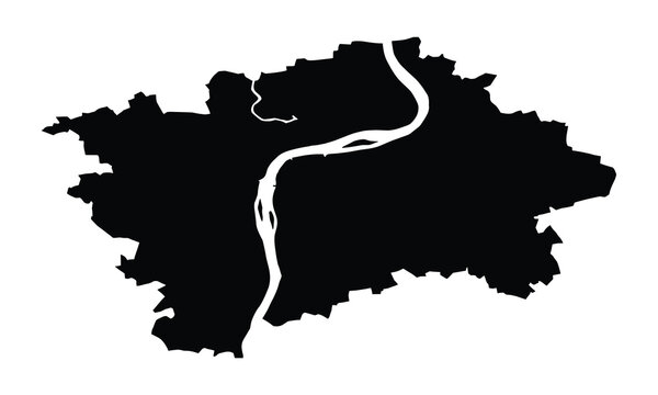 Prague map, Czech Republic, black silhouette, city boundary, Vltava river, vector illustration, isolated white background, geographic outline, graphic design element.