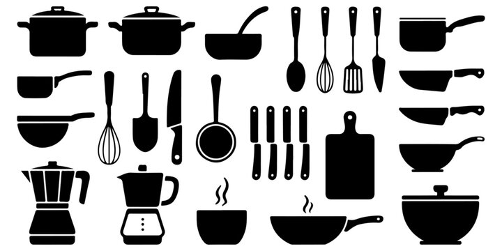 Cooking utensils and cookware silhouette icon pack featuring pots pans knives bowls and kitchen accessories
