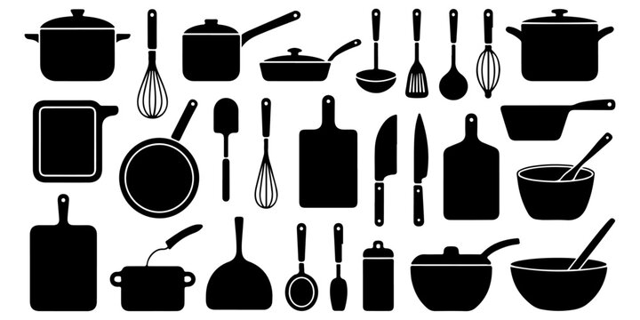 Cooking utensils and cookware silhouette icon pack featuring pots pans knives bowls and kitchen accessories