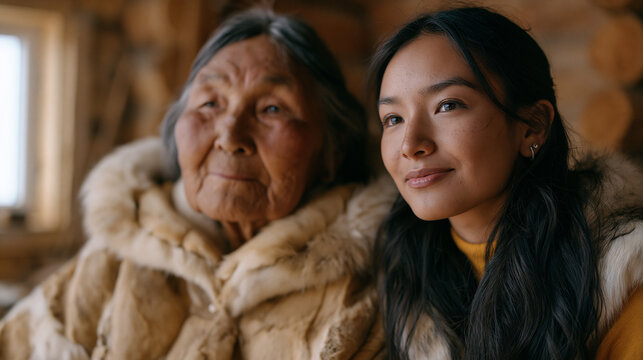 Inuit elder and her teenage granddaughter in a modest Arctic home react differently to an AI image generation tool producing culturally inaccurate depictions of their community,