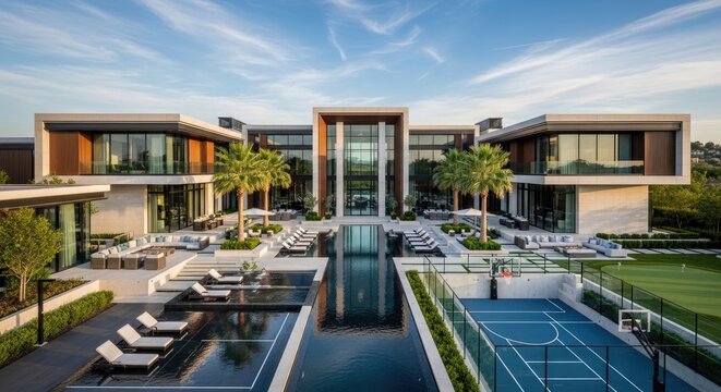 Modern luxury estate with pool basketball court and palm trees under blue sky