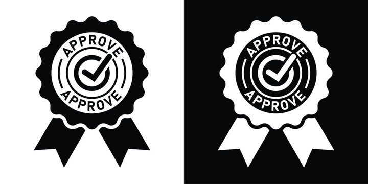 Approved ribbon badge vector icon with check mark. Certified quality guarantee stamp sign in black and white styles.