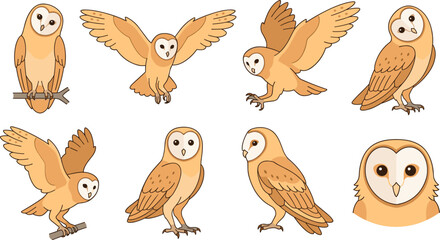Fototapeta premium Owl Cartoon Vector Set with Flying, Perched, Standing, and Sitting Poses for Wildlife and Bird Themed Designs