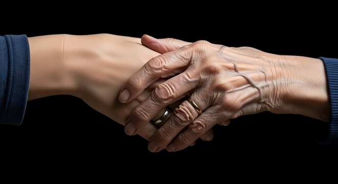 Elderly Hand Holding Younger Hand Against Black Background