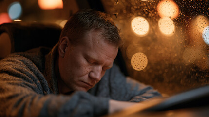 Obraz premium Sami man in his thirties sitting alone in a parked vehicle outside a busy restaurant, forehead resting against the steering wheel, rain on windows softening the crowd noise