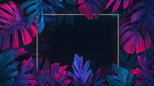 Vibrant tropical monstera leaves frame a glowing golden rectangle border with deep purple and bright blue neon lighting artistic style