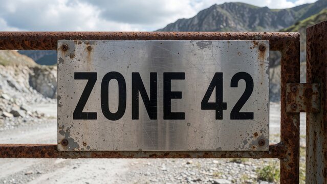 Close-up rusted metal sign words zone written rectangular shape has white background black text bold sans-seri