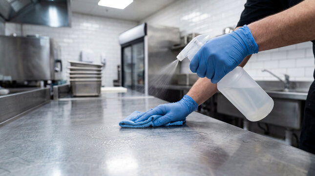 Gloved hands spraying disinfectant wiping stainless steel countertop commercial kitchen close-up, sanitation worker, hygiene cleaning, food safety sanitization