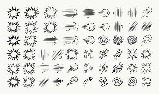 Comic action effect icon set. Containing speed lines, explosions, icons. Vector.