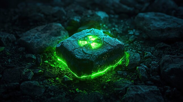 glowing green radioactive rock embedded in dark rocky terrain with luminous energy aura