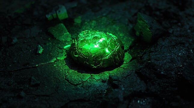 A glowing green crystalline orb embedded in cracked dark earth