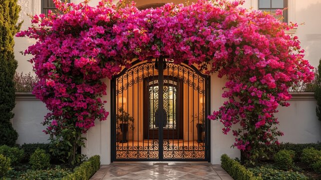 Elegant black wrought iron gate adorned with vibrant pink bougainvillea flowers cascading over the entrance to a luxurious home