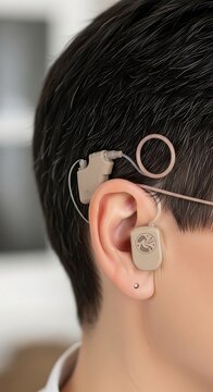 Close Up Cochlear Implant Worn Behind Ear in Indoor Setting