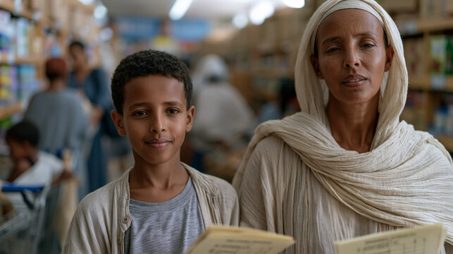 Ethiopian mother and son navigate a crowded school supply store in late August, the boy holding a checklist, shelves densely packed behind them, other families pushing carts in