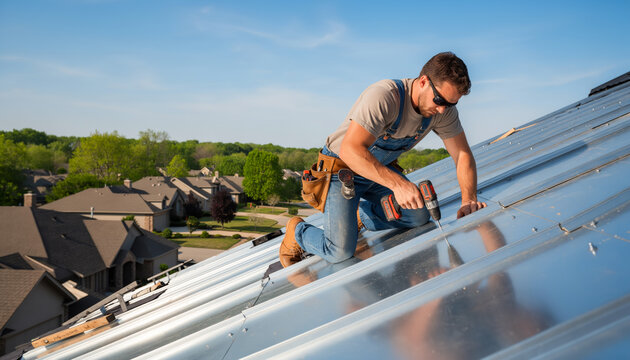 Professional roofer or construction worker in safety sunglasses installing shiny corrugated metal roof sheets using a cordless screwdriver drill tool on a sunny day