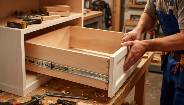Close-up of a professional carpenter hands installing a wooden drawer with metal slide runners into a custom cabinet inside a woodworking workshop or furniture factory