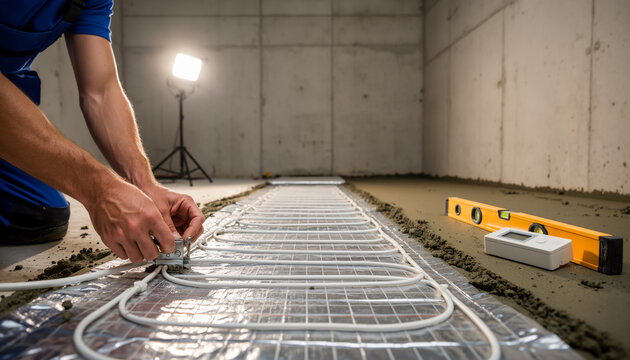 Close-up of a builder hands installing electrical underfloor heating system cables over reflective insulation layer on a concrete floor using professional tools