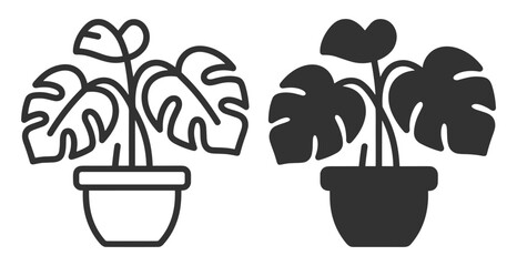 monstera plant icon set, outline and solid style, potted tropical houseplant vector illustration on transparent background © Наталья Перова
