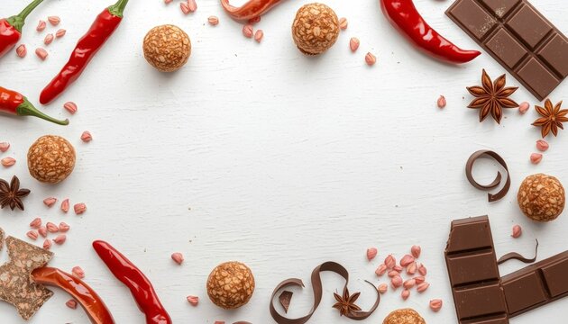 Overhead view of a variety of chocolates and spices on a white surface