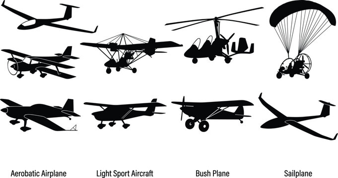 Light Aircraft and Aviation Silhouette Collection Featuring Gliders Sport Planes Gyrocopter and Powered Paraglider