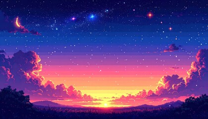 Fototapeta premium A pixel art landscape depicts a vibrant sunset with a crescent moon and stars in a twilight sky.