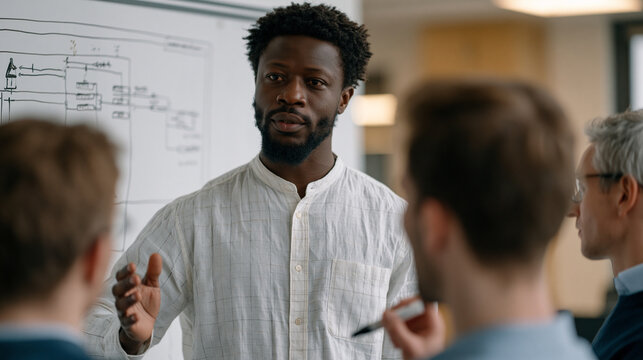 Ghanaian AI safety researcher presents a foundation model architecture diagram on a whiteboard to a small team of engineers in a university research lab, one member challenging a