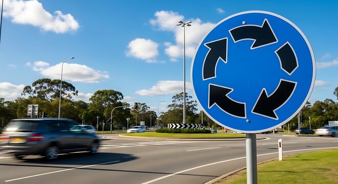 Blue Roundabout Traffic Sign Standing Beside Busy Road Intersection
