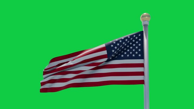 American flag billowing after lateral breeze rising, curling and calming on transparent background