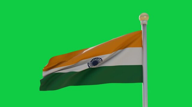 Gust lifting tricolor flag with Chakra on transparent bg, ripples rolling to hoist showing motion