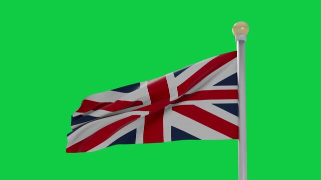 UK flag billowing on pole, gusts causing ripples, folds showing motion on transparent background