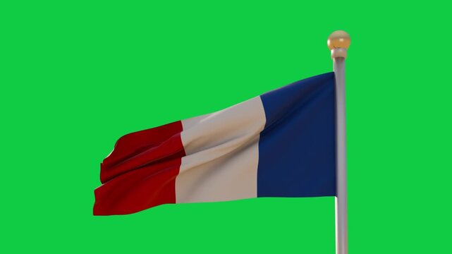 Gust lifting tricolor flag on pole, billowing with ripples hoist-to-fly for demo, transparent bg