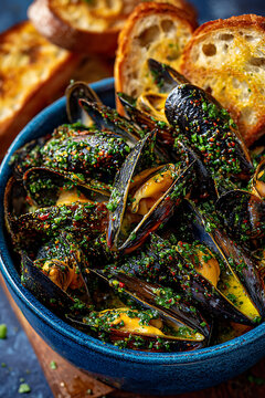 homemade moules provenales pices on the blue plate, close up 