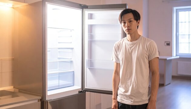 Young Asian man standing in his modern kitchen with an empty open refrigerator looking at the camera with a concerned expression