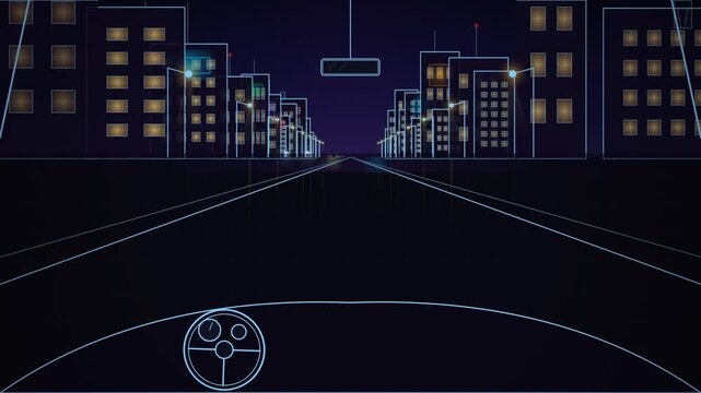 Vertical Cartoon animation of driving inside a car on a dark city street at night with outline buildings