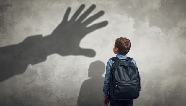 There is a young boy with a backpack standing in front of a shadow of a hand