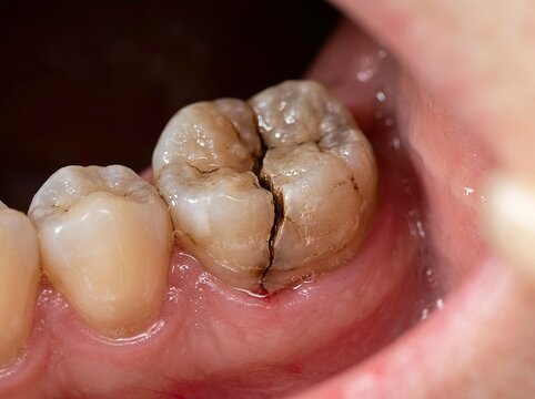 Cracked and fractured molar tooth. For dental problems, healthcare, dentistry, treatment, diagnosis, prevention, and patient education