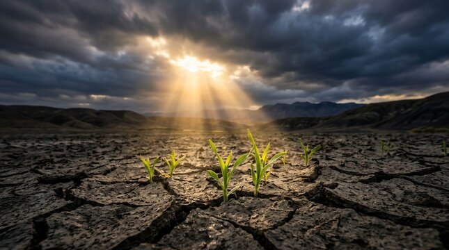 Small green plant growing in dry cracked earth with sun rays