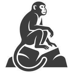 Fototapeta premium Minimalist black and white monkey silhouette sitting calmly on a rock for creative logo design