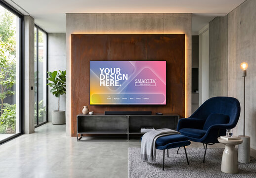 Smart Tv Mockup on tv console in living room with metal rust wall construction and with dark blue velvet armchair