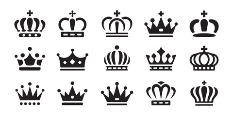 Set of black crown silhouettes isolated on transparent background for royal and luxury design elements. © Modern