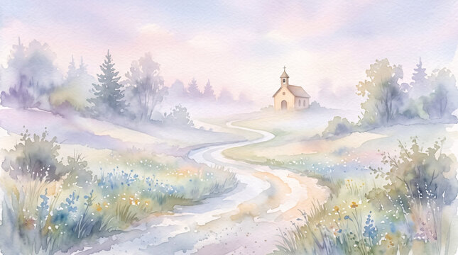 Peaceful chapel landscape watercolor illustration