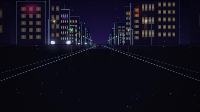 Cartoon animation of driving on a city street at night with glowing wireframe buildings