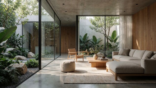 Modern living room minimalist design has large window right side allowing natural light enter space floor made