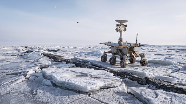 Autonomous Ice-Moon Rover Surveying Fractured Frozen Terrain with Radar Mapping, Navigation Sensors and Remote Research