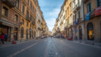 Fototapeta premium There is a blurry image of a city street with people walking on it