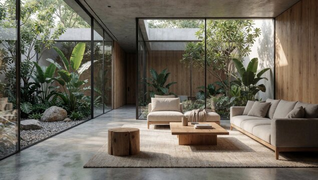 Modern living room minimalist design has large window right side allowing natural light enter space floor made