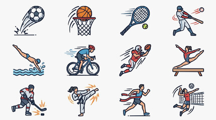 Modern Colorful of 12 Dynamic Sports Activities with Athletes in Action with high quality professional line art symbols for modern creative design and digital branding projects © Zaki