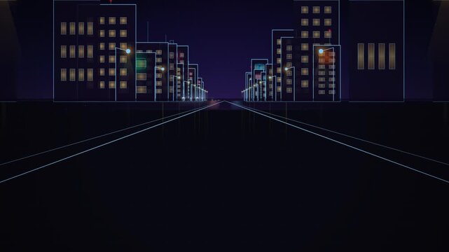 Cartoon animation of driving on a city street at night with glowing white wireframe buildings
