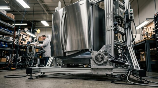 Refrigerator Door Being Tested in a Laboratory Setting with Mechanical Equipment Featuring Testing, Industrial, Workshop with Samsung and Appliance