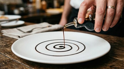 Fototapeta premium Sauce Being Poured Onto a White Plate with a Spiral Design Featuring Pouring, Close-Up, Hand with Food Presentation and Culinary Elements